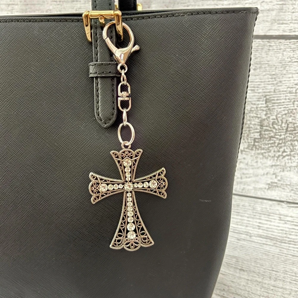 Antique Style Silver Rhinestone Cross Keychain Purse Charm Handbag Accesory‎